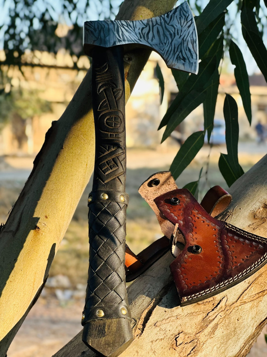 Norse Axe Viking Wolf Axe Handmade with Brown Leather Wrapped Handle