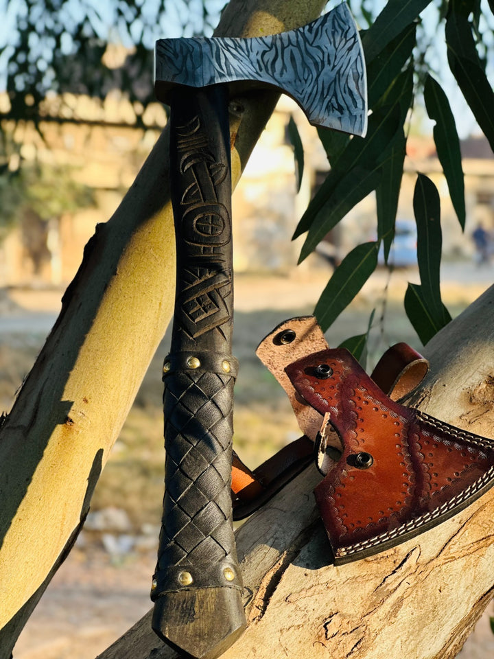 Norse Axe Viking Wolf Axe Handmade with Brown Leather Wrapped Handle
