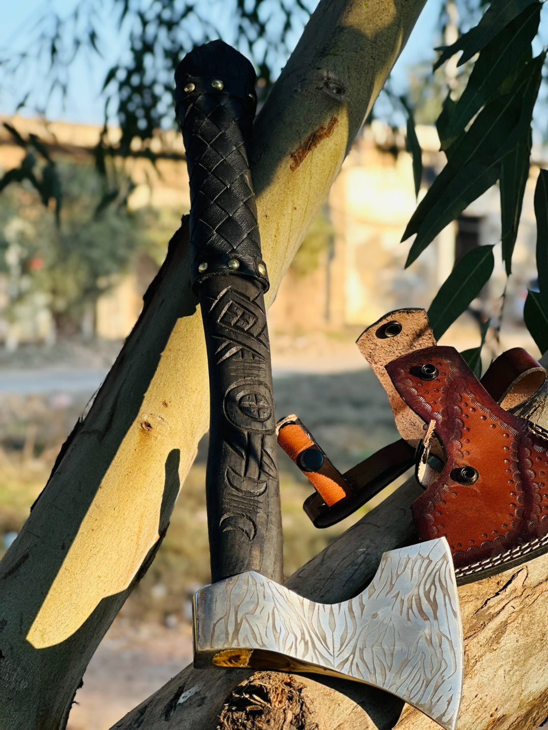 Norse Axe Viking Wolf Axe Handmade with Brown Leather Wrapped Handle
