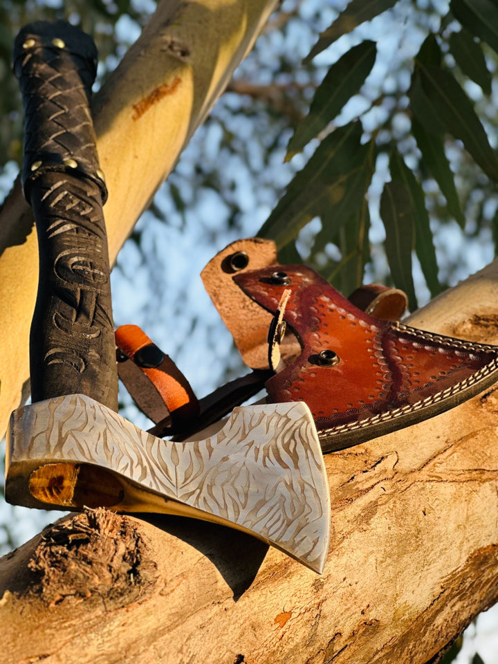 Norse Axe Viking Wolf Axe Handmade with Brown Leather Wrapped Handle